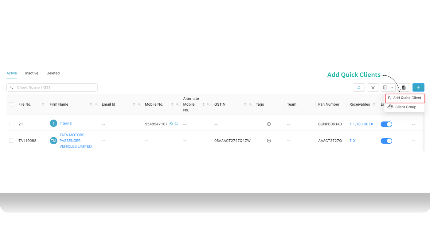 Client list with plus icon and Add Quick Client option